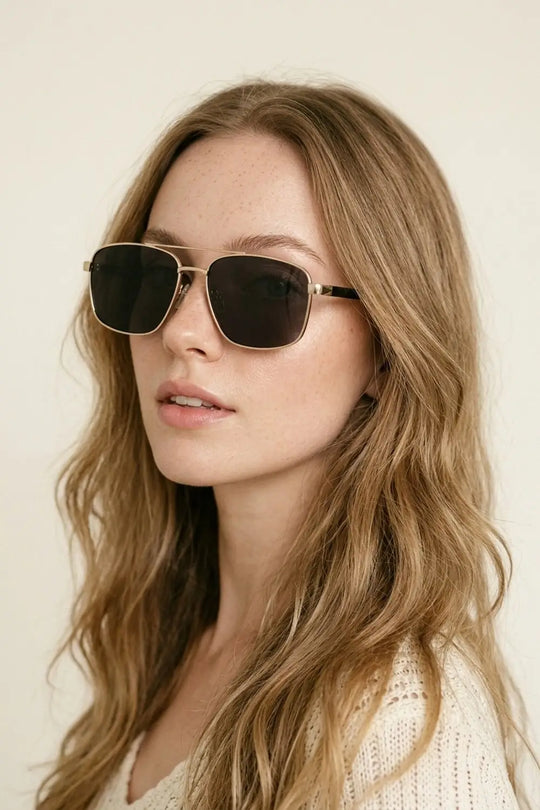 Gold Square Aviator Sunglasses with Metal Frame - GOLD / ONE - Sunglasses