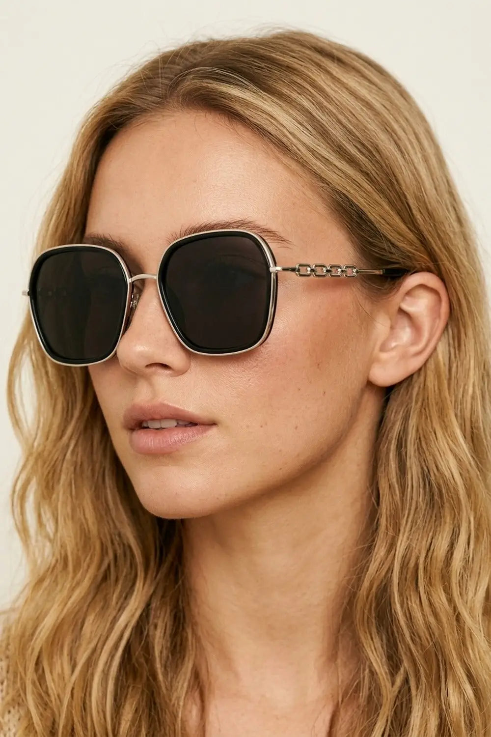 Black Square Frame Metal Chain Detail Oversize Sunglasses - BLACK / ONE - Sunglasses