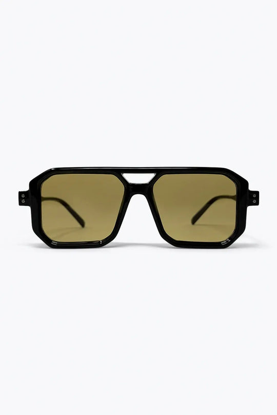Black Geometric Frame Olive Tinted Square Oversize Sunglasses - YELLOW / ONE - Sunglasses
