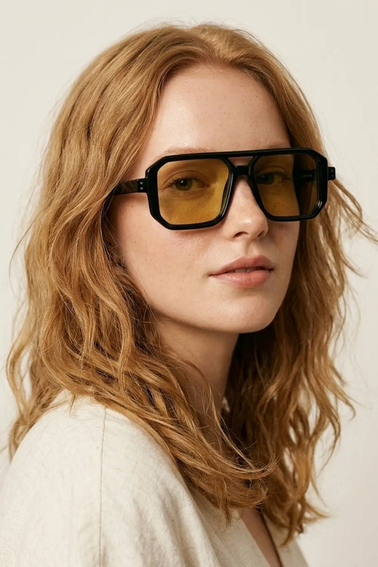 Black Geometric Frame Olive Tinted Square Oversize Sunglasses - YELLOW / ONE - Sunglasses