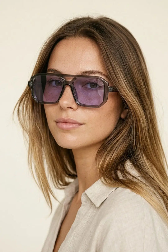 Grey Transparent Frame Purple Tinted Oversize Geometric Sunglasses - PURPLE / ONE - Sunglasses