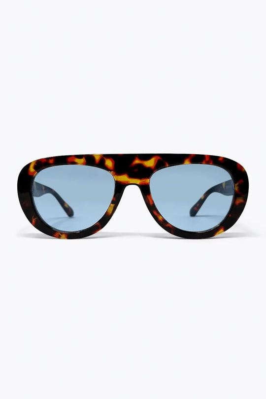 Multicolor Tortoiseshell Oval Frame Blue Lens Sunglasses - BROWN / ONE - Sunglasses