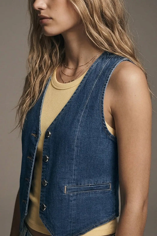 dark wash denim Vest with Silver Buttons - Tops