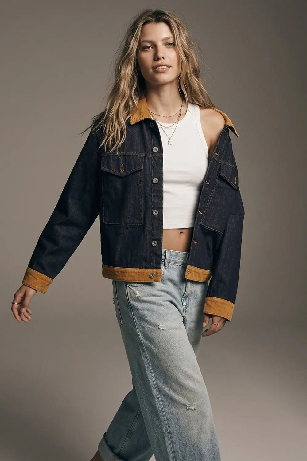 Denim Blue Rigid Denim Corduroy Collar Button Front relaxed Fit Jacket - Jackets