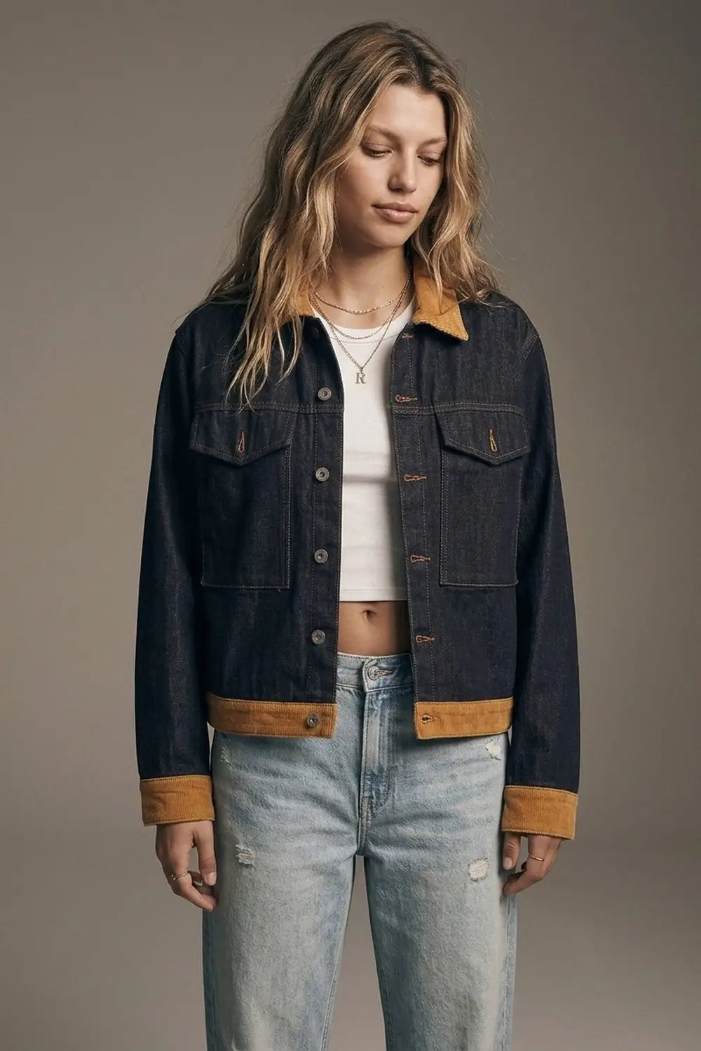 Denim Blue Rigid Denim Corduroy Collar Button Front relaxed Fit Jacket - Jackets