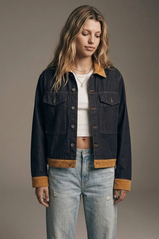 Denim Blue Rigid Denim Corduroy Collar Button Front relaxed Fit Jacket - Jackets