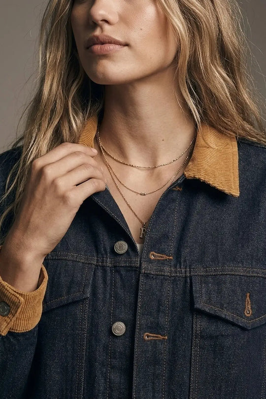 Denim Blue Rigid Denim Corduroy Collar Button Front relaxed Fit Jacket - Jackets