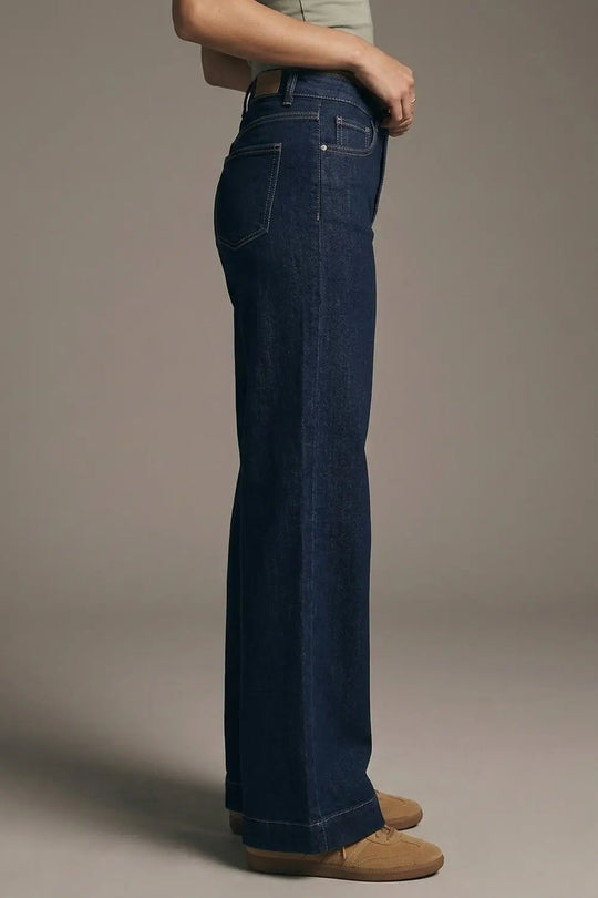 Wide-leg high-waisted jeans in dark denim with contrast stitching