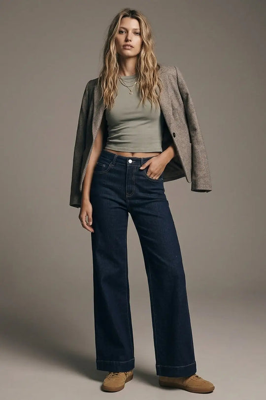 Wide-leg high-waisted jeans in dark denim with contrast stitching