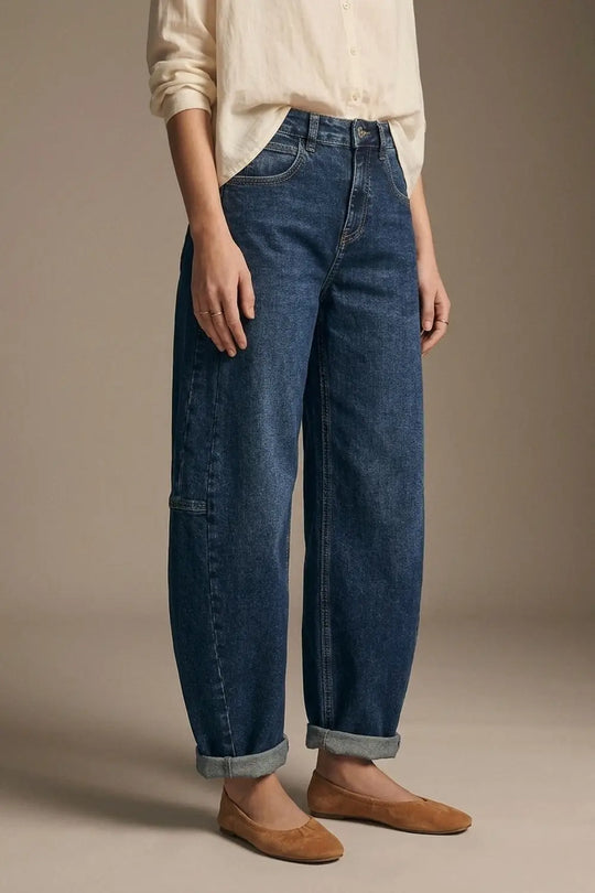Dark Blue Wide-Leg Denim Jeans with Cuffed Hem and side seams