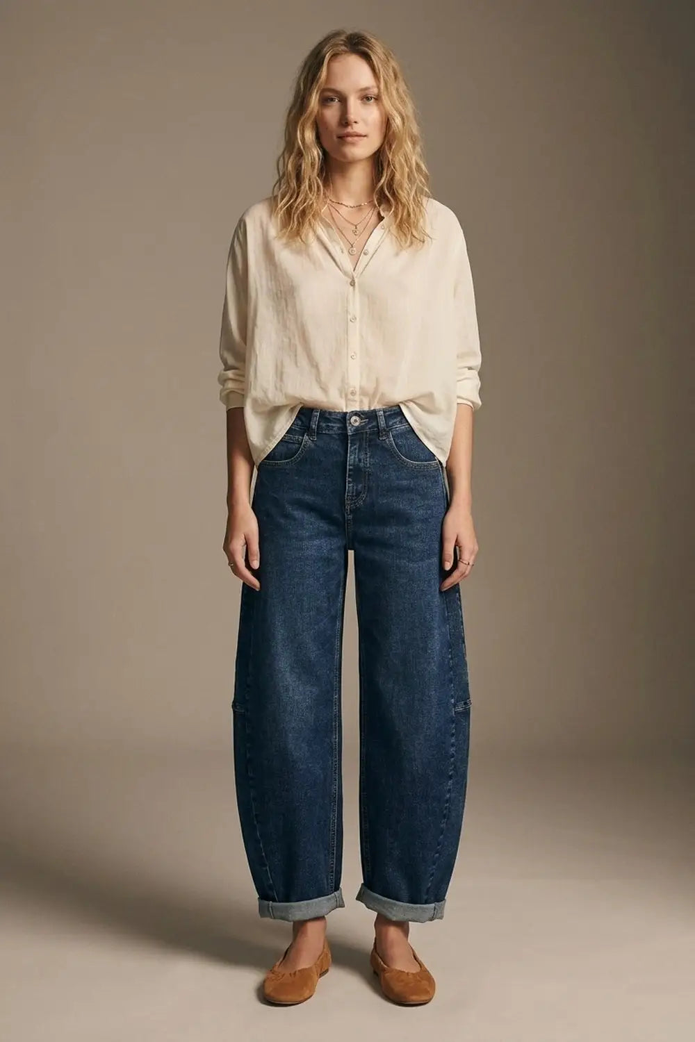 Dark Blue Wide-Leg Denim Jeans with Cuffed Hem and side seams