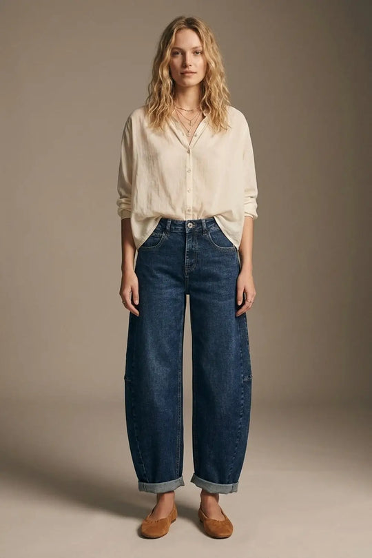 Dark Blue Wide-Leg Denim Jeans with Cuffed Hem and side seams