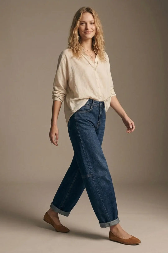 Dark Blue Wide-Leg Denim Jeans with Cuffed Hem and side seams