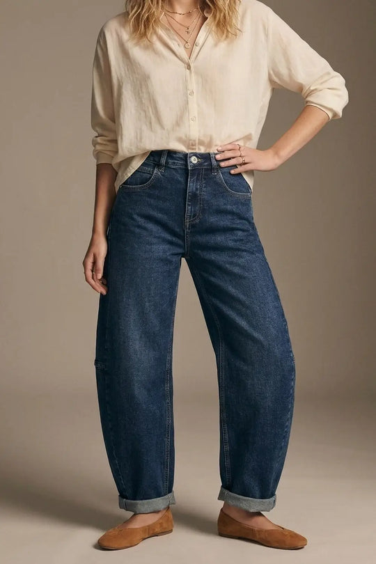 Dark Blue Wide-Leg Denim Jeans with Cuffed Hem and side seams