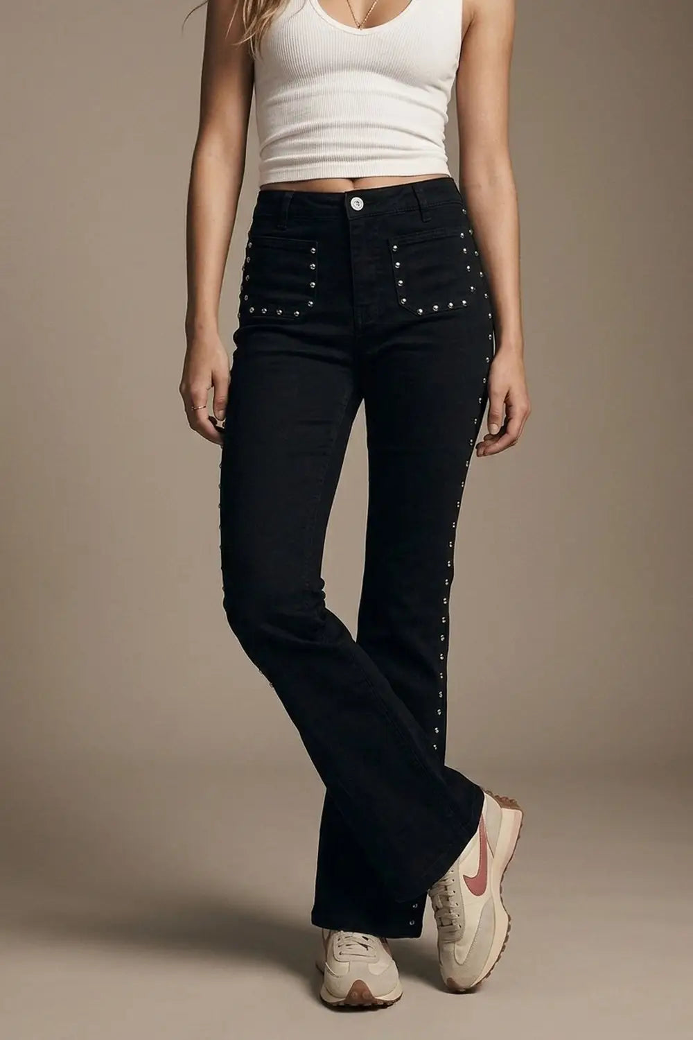 Black Studded Flare Jeans With Front Pocket Detail - Pants