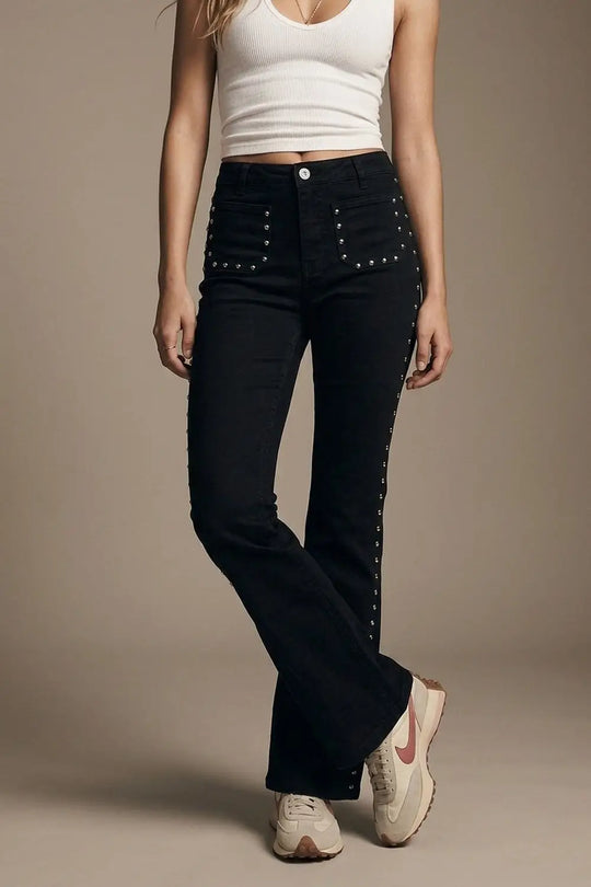 Black Studded Flare Jeans With Front Pocket Detail - Pants