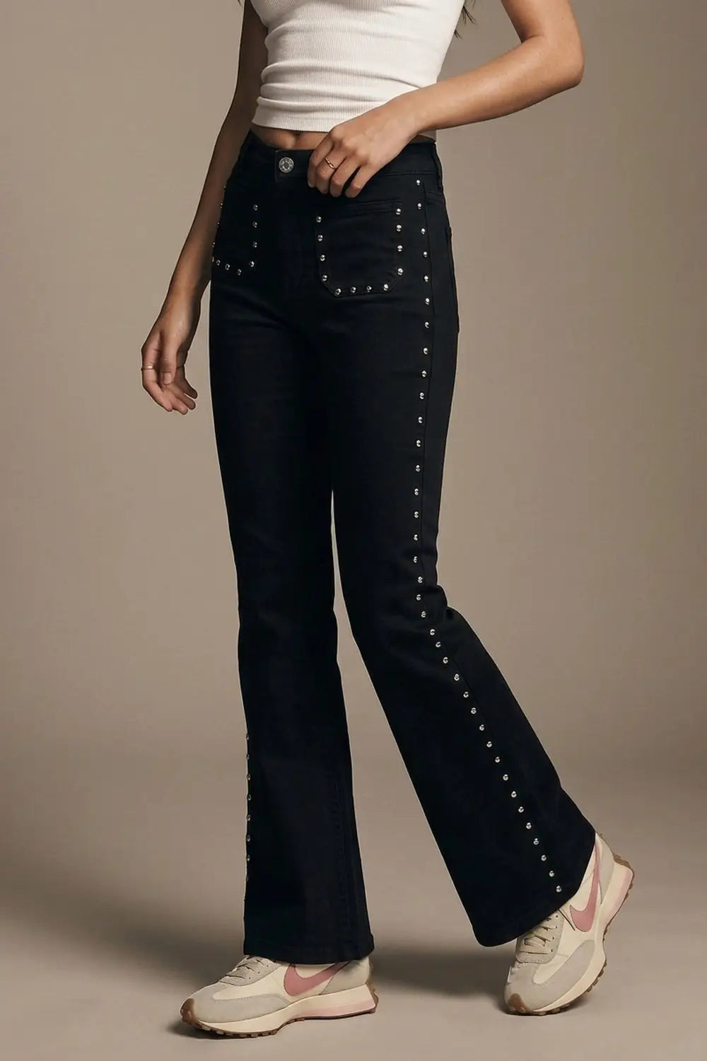 Black Studded Flare Jeans With Front Pocket Detail - Pants