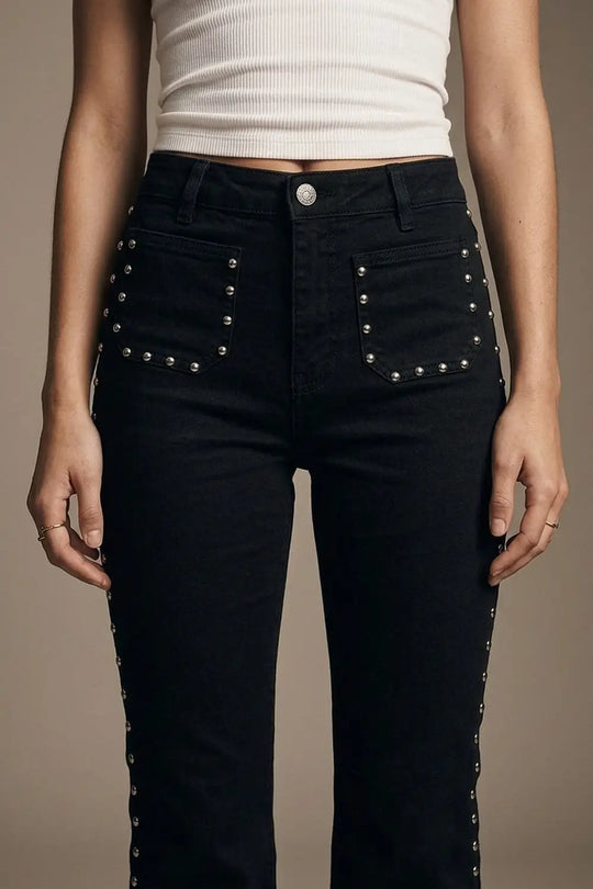 Black Studded Flare Jeans With Front Pocket Detail - Pants