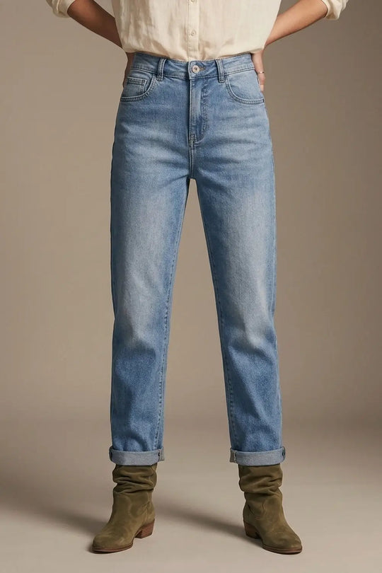 Blue mid Wash Jeans with Straight Leg in mom style fit