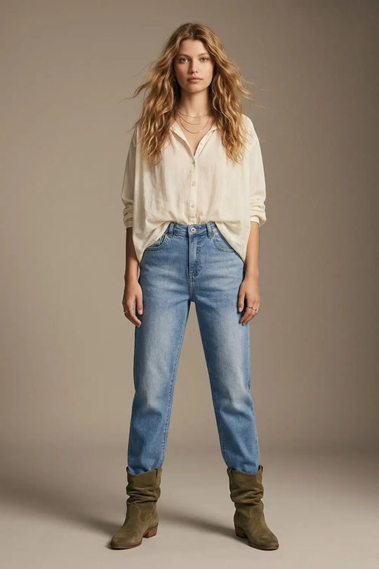 Blue mid Wash Jeans with Straight Leg in mom style fit