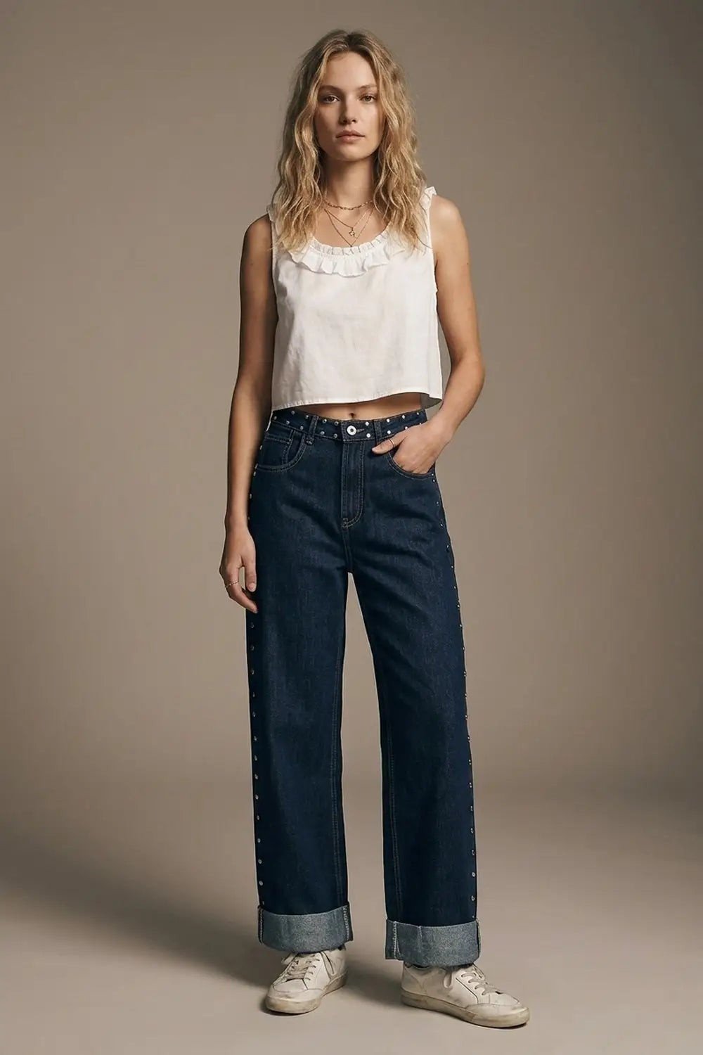 Dark Blue Wide Leg Studded Denim Jeans
