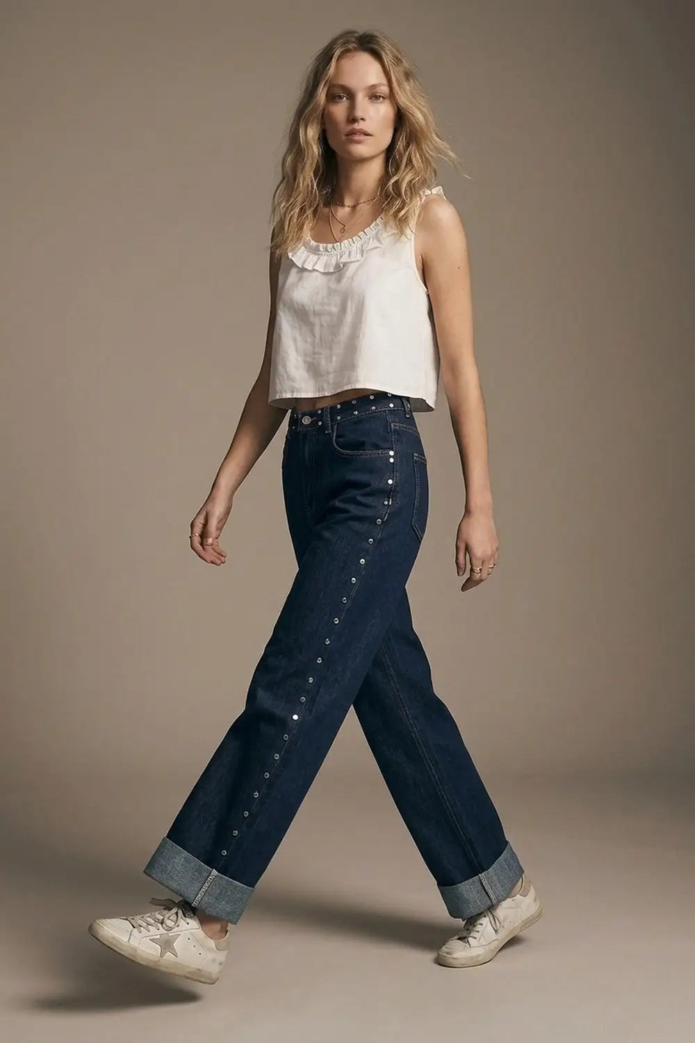 Dark Blue Wide Leg Studded Denim Jeans