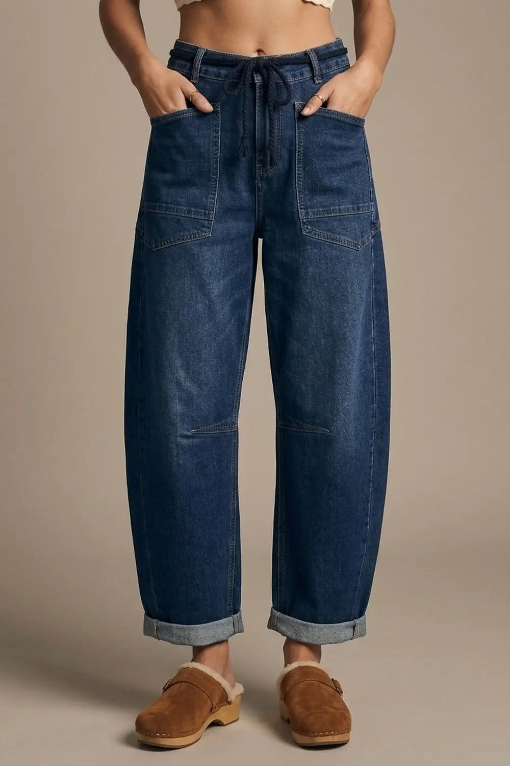 Dark wash Drawstring Waist jeans with Rolled Cuff and Wide Leg