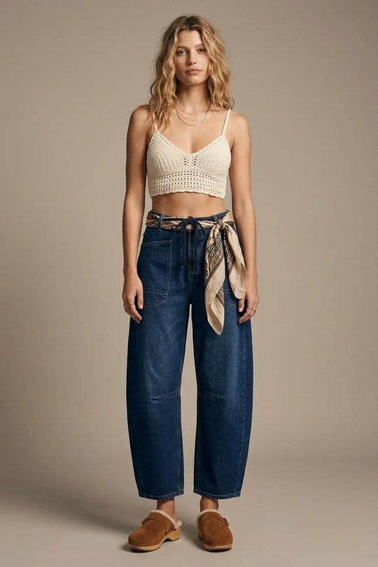 Dark wash Drawstring Waist jeans with Rolled Cuff and Wide Leg