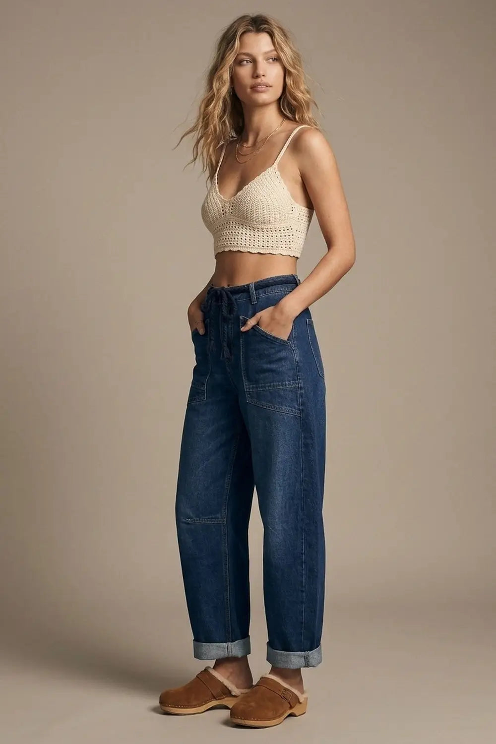 Dark wash Drawstring Waist jeans with Rolled Cuff and Wide Leg