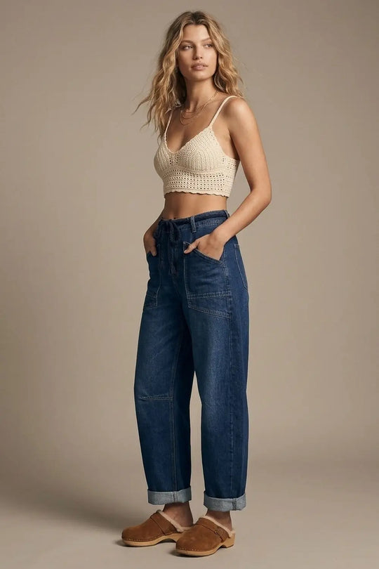 Dark wash Drawstring Waist jeans with Rolled Cuff and Wide Leg