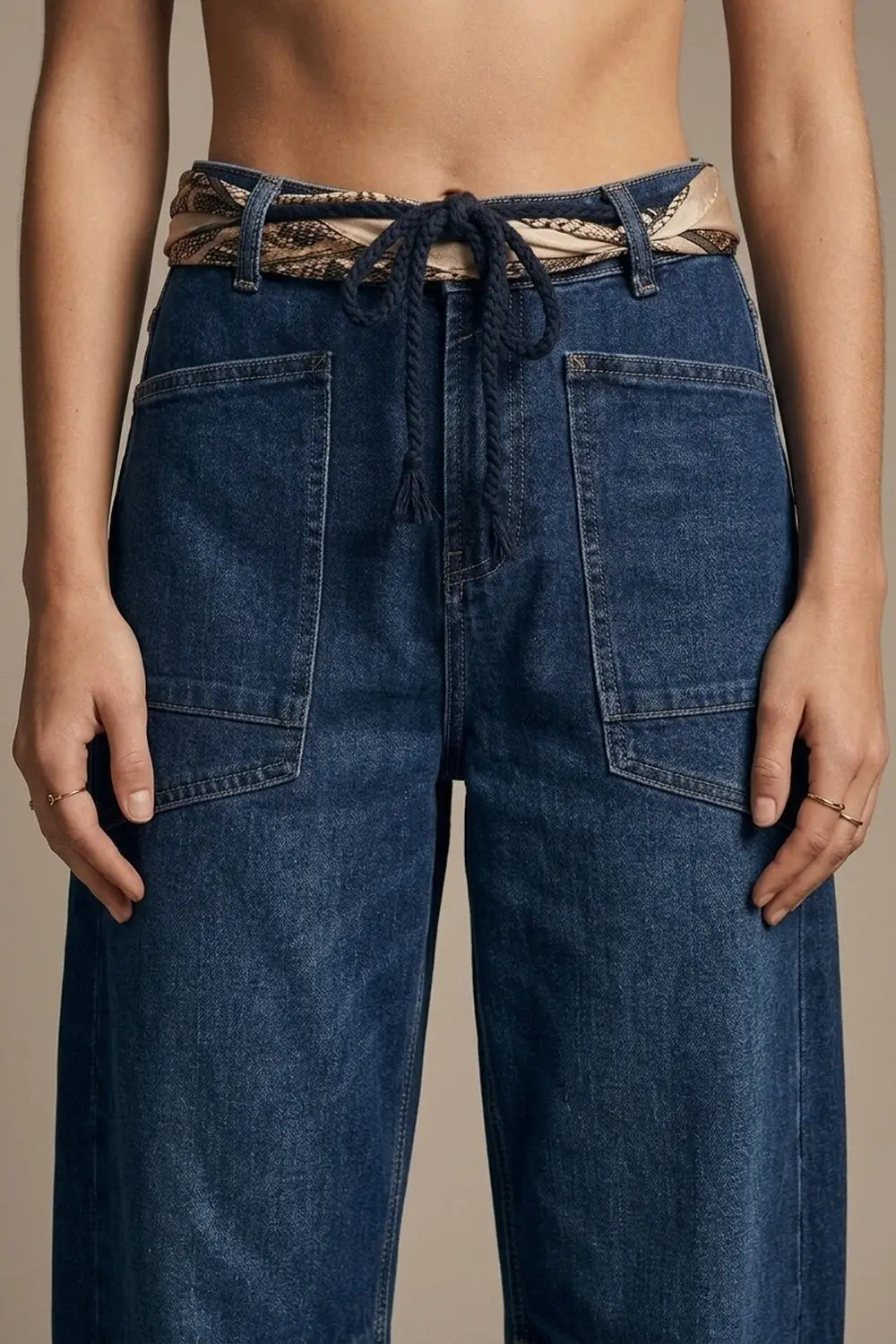 Dark wash Drawstring Waist jeans with Rolled Cuff and Wide Leg