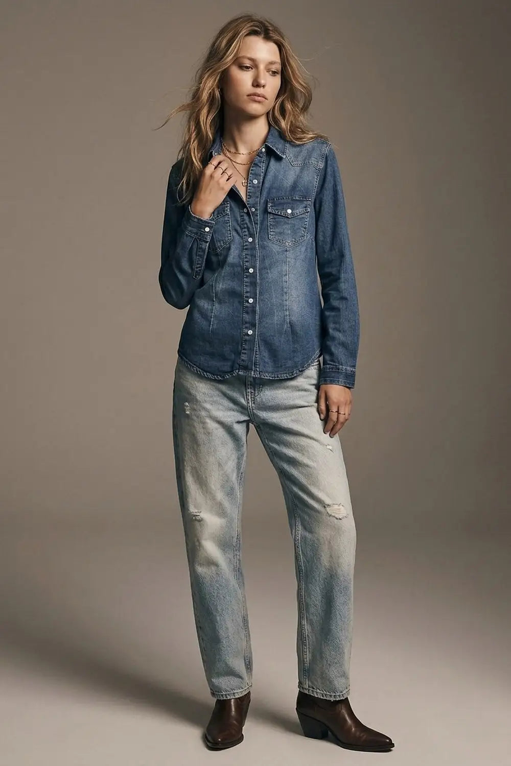Dark wash Denim Button-Up Shirt with Chest Pockets