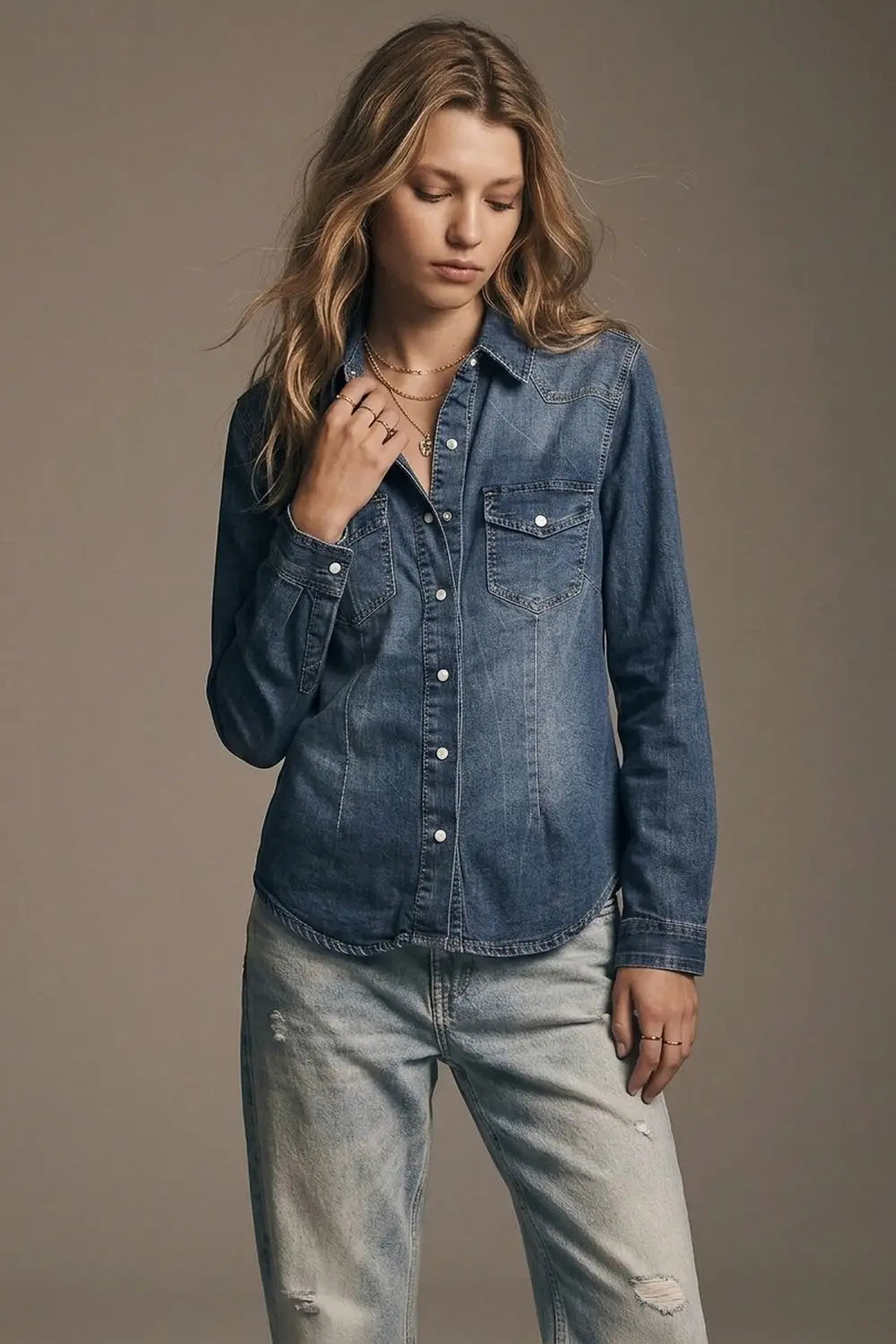 Dark wash Denim Button-Up Shirt with Chest Pockets