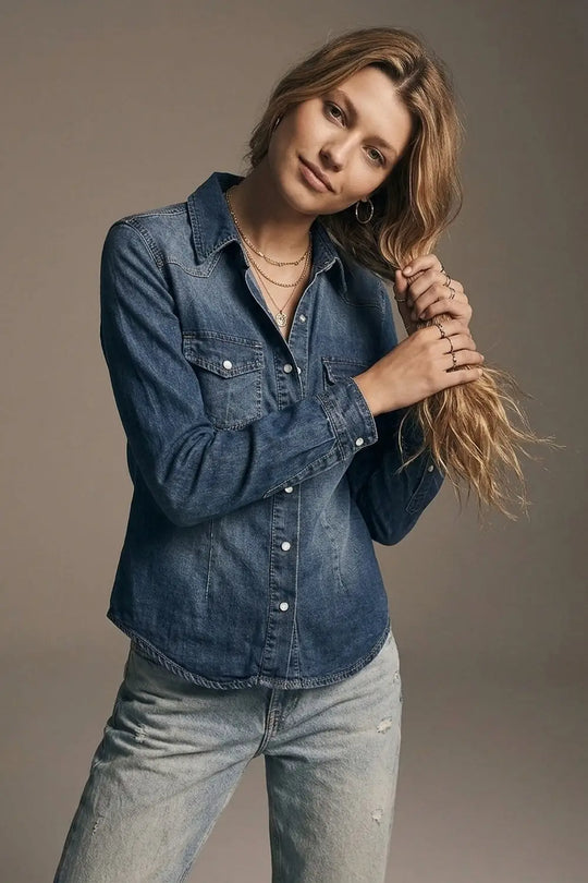 Dark wash Denim Button-Up Shirt with Chest Pockets