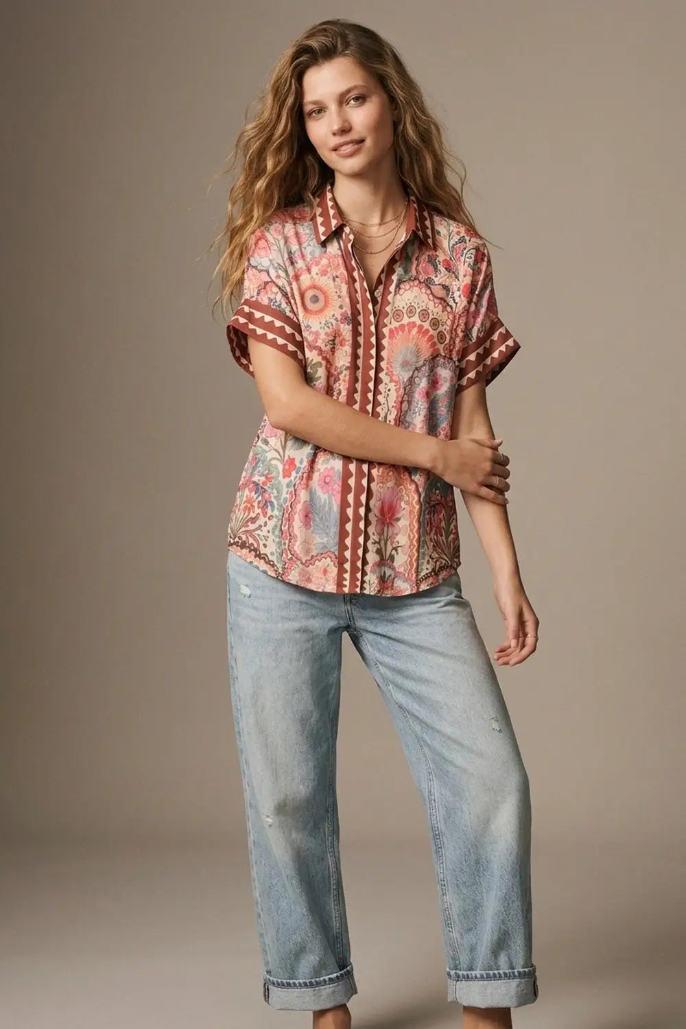 Multicolor Floral Print Lightweight facric Contrast Trim Shirt - Shirts