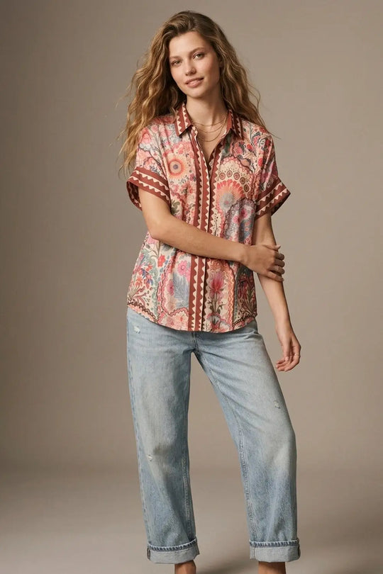 Multicolor Floral Print Lightweight facric Contrast Trim Shirt - Shirts