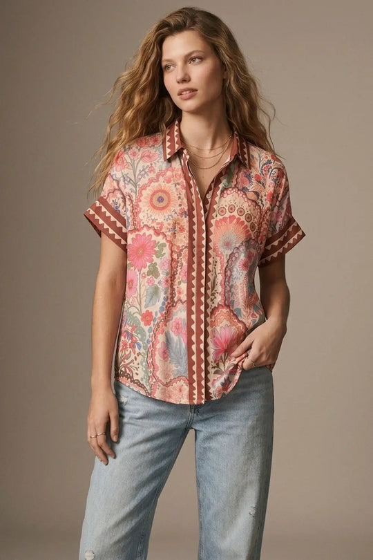 Multicolor Floral Print Lightweight facric Contrast Trim Shirt - Shirts