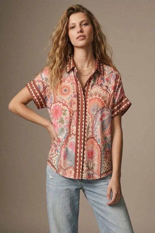 Multicolor Floral Print Lightweight facric Contrast Trim Shirt - Shirts