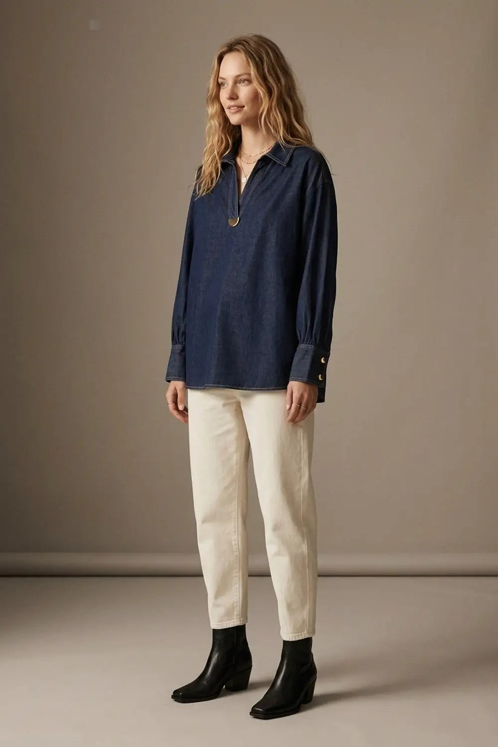 Gold Trim V-Neck Shirt in lightweight denim fabric - NAVY / ONE - Shirts