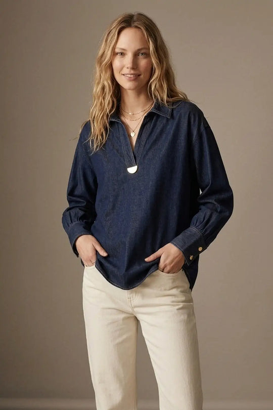 Gold Trim V-Neck Shirt in lightweight denim fabric - NAVY / ONE - Shirts