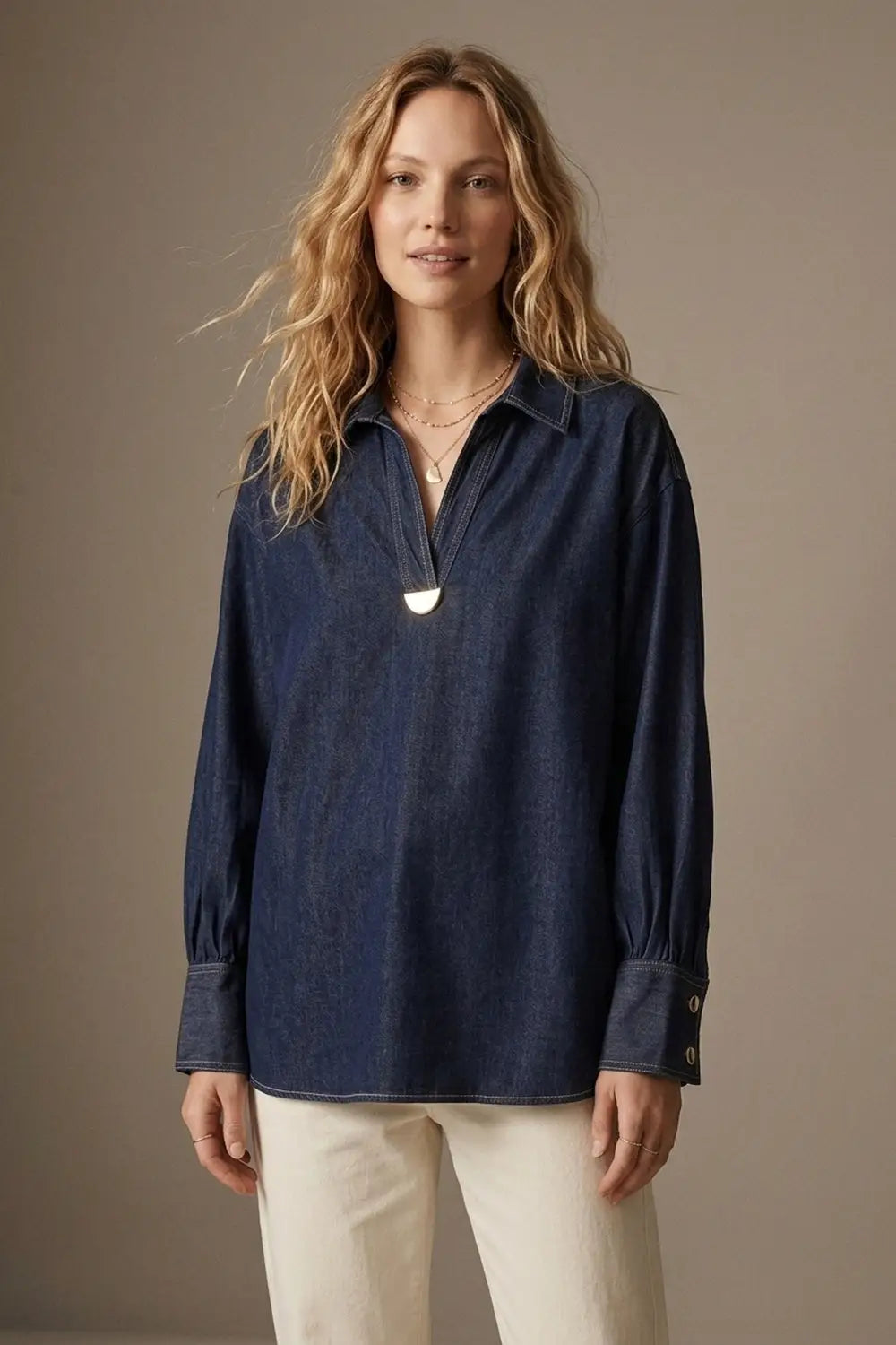 Gold Trim V-Neck Shirt in lightweight denim fabric - NAVY / ONE - Shirts