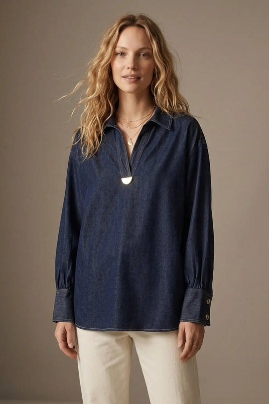 Gold Trim V-Neck Shirt in lightweight denim fabric - NAVY / ONE - Shirts