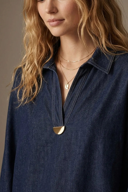 Gold Trim V-Neck Shirt in lightweight denim fabric - NAVY / ONE - Shirts