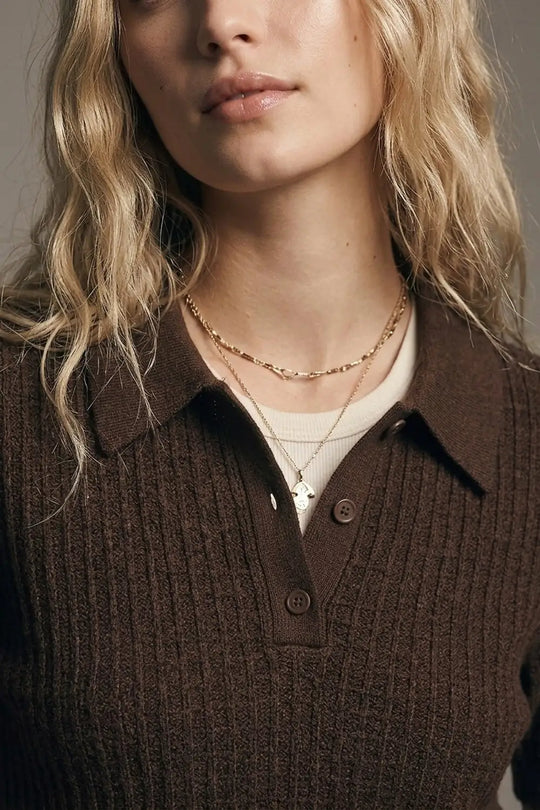 Textured Knit Polo Sweater with Short Sleeves in Brown - Sweaters