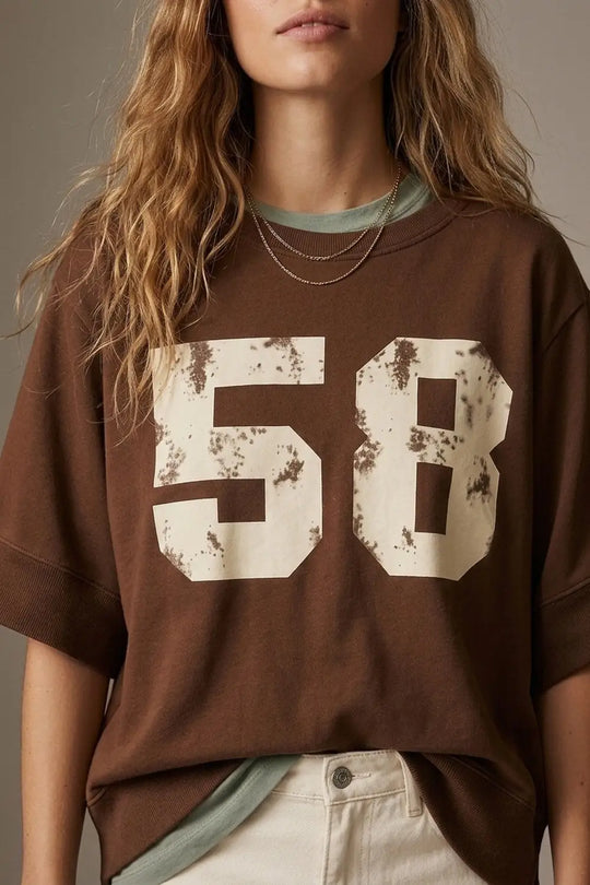 Brown Graphic number 58 sweatshirt with Short Sleeve Relaxed fit - BROWN / ONE - Sweaters