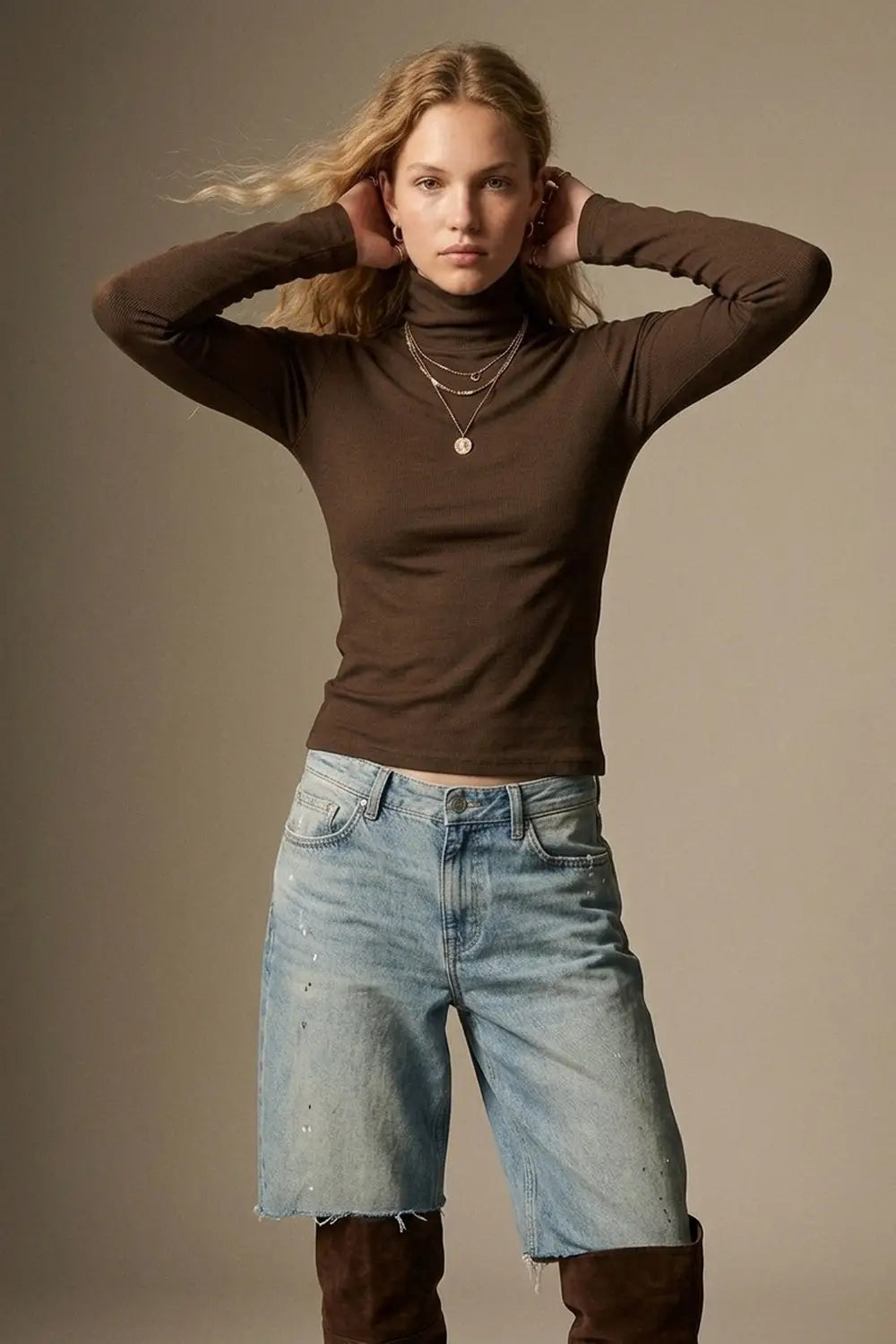 Brown Turtleneck t-shirt in soft stretch fabric - T-Shirts
