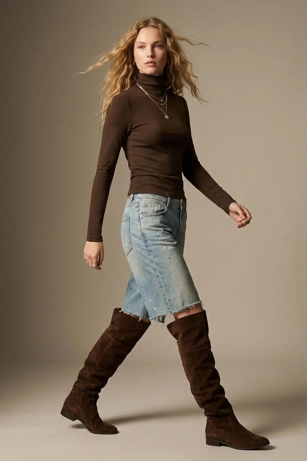 Brown Turtleneck t-shirt in soft stretch fabric - T-Shirts