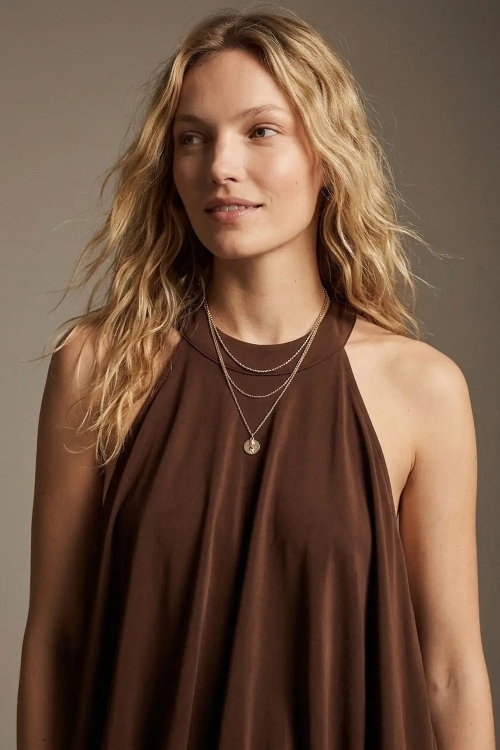 soft stretch fabric Halter Neck Maxi Dress in brown - Dresses