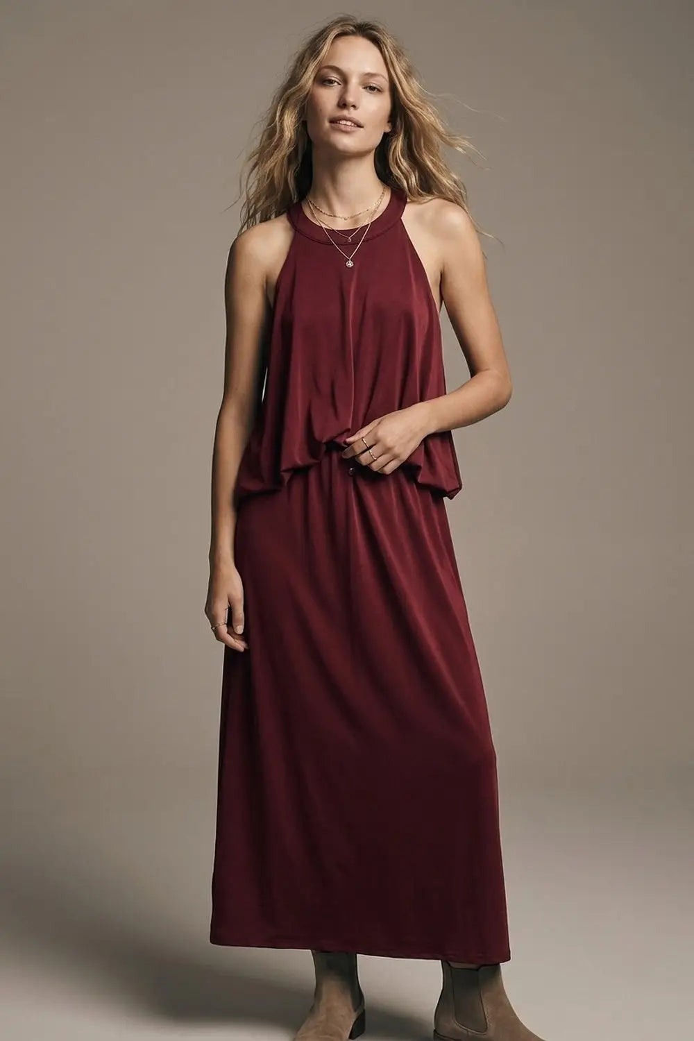 soft stretch fabric Halter Neck Maxi Dress in Burgundy - Dresses