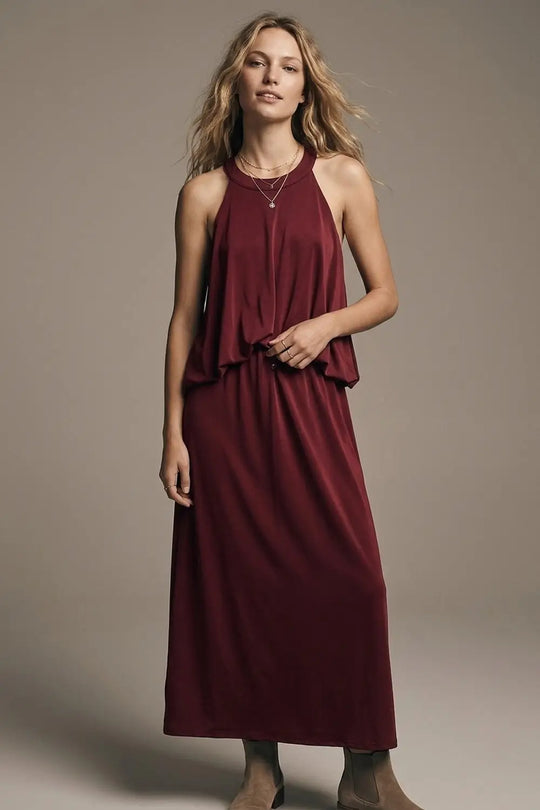 soft stretch fabric Halter Neck Maxi Dress in Burgundy - Dresses